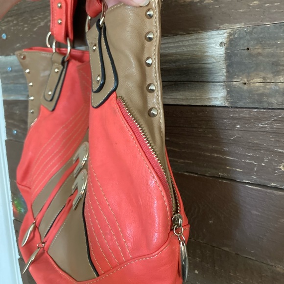 Coral & camel/tan, gold studded, purse. - Picture 4 of 14